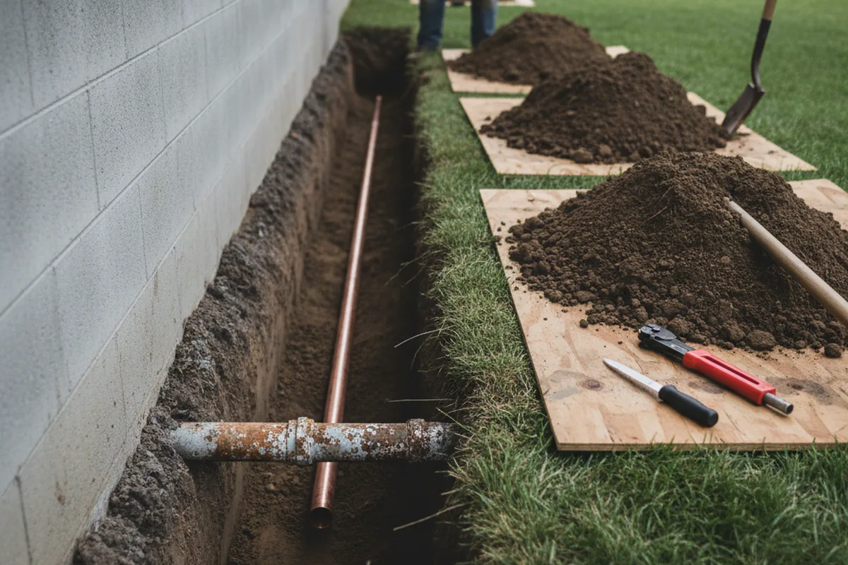 Excavated water line trench during Sewer Line Repair in Lockport